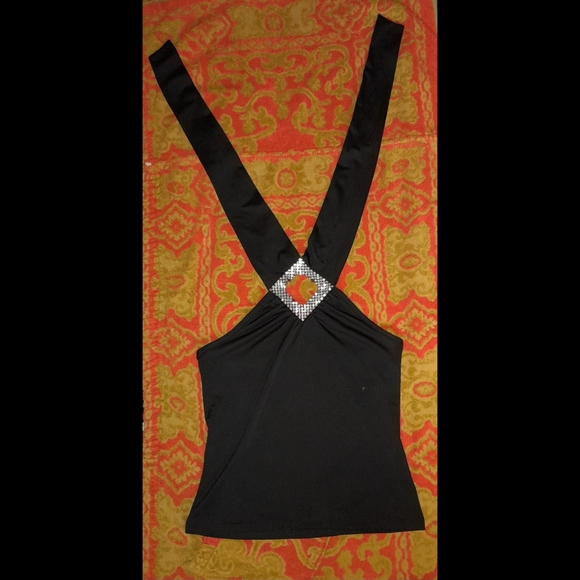 Vintage Y2K Rhinestone Embellished Keyhole Black Halter Tie Neck - Picture 3 of 14